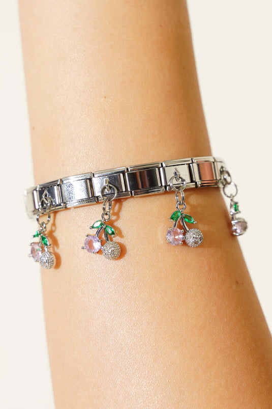 Taşlı Kiraz Charmlı İtalyan Bileklik Pembe