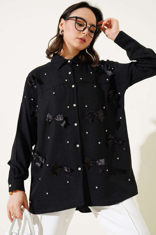 Stoned Ribbon Bow Shirt Black