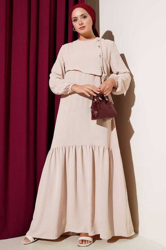 Beige Lace Dress with Eyelet Detail and Stones