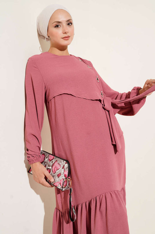 فستان مربوط بتفاصيل عين الطائر، لون وردي باهت