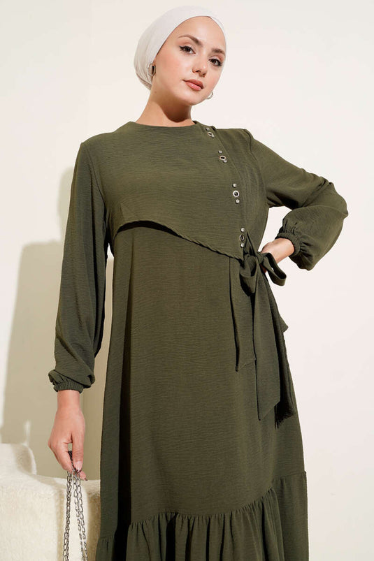 فستان مربوط مع تفاصيل عين الطائر الحجرية باللون الكاكي