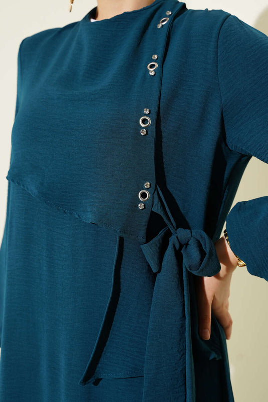 Stoned Eyelet Detailed Tie Dress Petrol