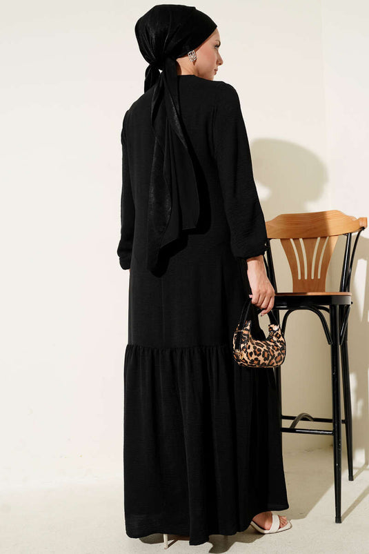 Taşlı Kuş Gözü Detaylı Bağlamalı Elbise Siyah