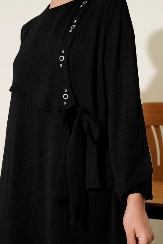 Taşlı Kuş Gözü Detaylı Bağlamalı Elbise Siyah