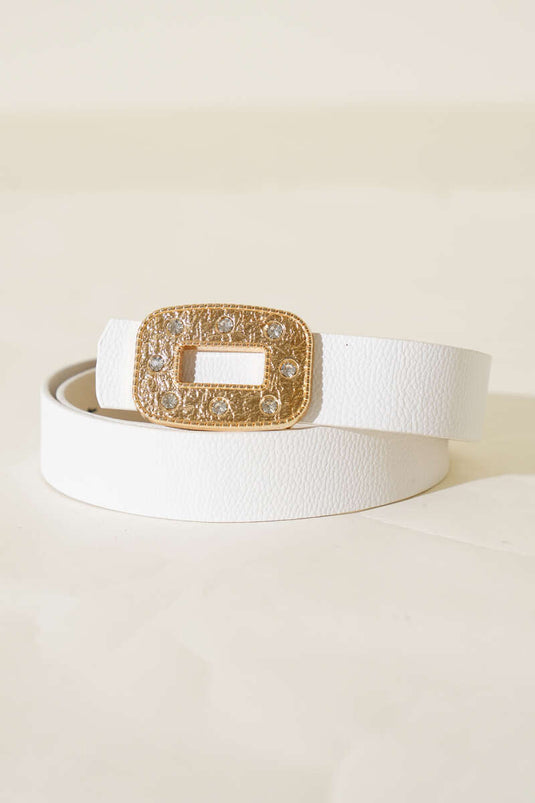 Ceinture blanche à boucle rectangulaire en métal ornée de pierres