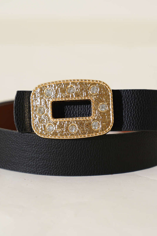 Ceinture noire à boucle rectangulaire en métal ornée de pierres