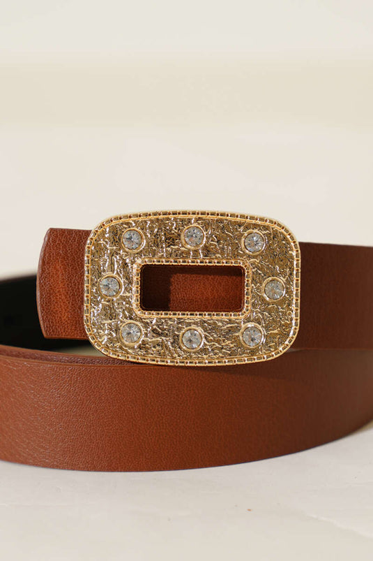 Ceinture à boucle rectangulaire en métal orné de pierres, couleur fauve