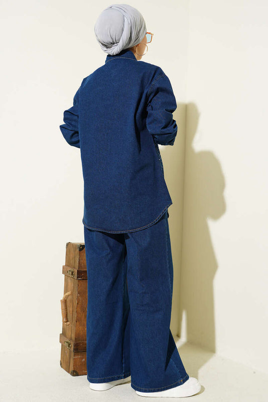 Taşlı Metal Düğmeli Kot İkili Takım Mavi