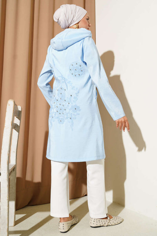 Stone Embroidery Detailed Hooded Cap Baby Blue