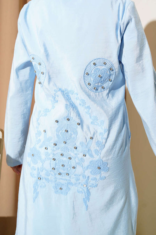 Stone Embroidery Detailed Hooded Cap Baby Blue