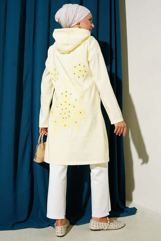 Stone Embroidery Detailed Hooded Cap Yellow