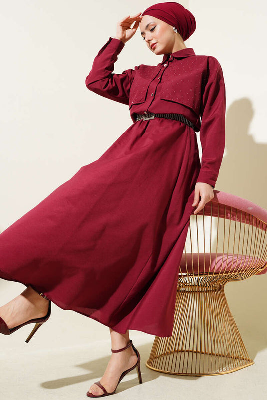 Stoned Cape and Skirt Two-Piece Suit Burgundy