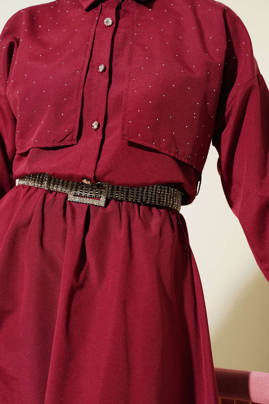 Stoned Cape and Skirt Two-Piece Suit Burgundy