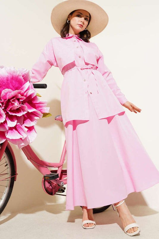 Stoned Cape and Skirt Two Piece Set Pink