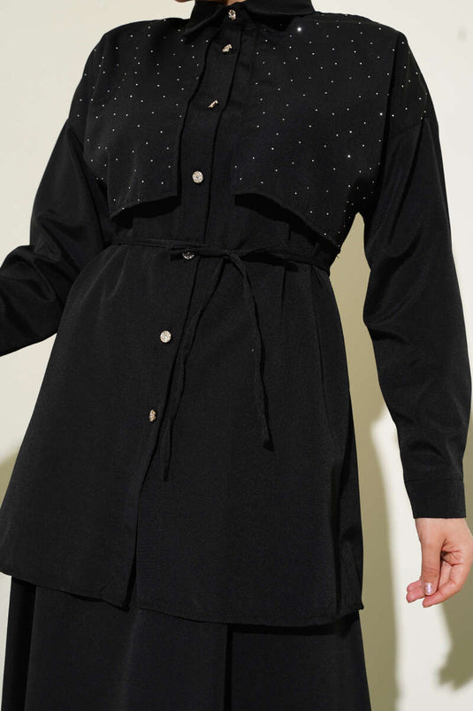 Stoned Cape and Skirt Two Piece Suit Black