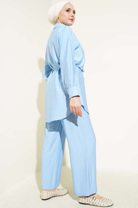 Taşlı Pelerinli İkili Takım Mavi