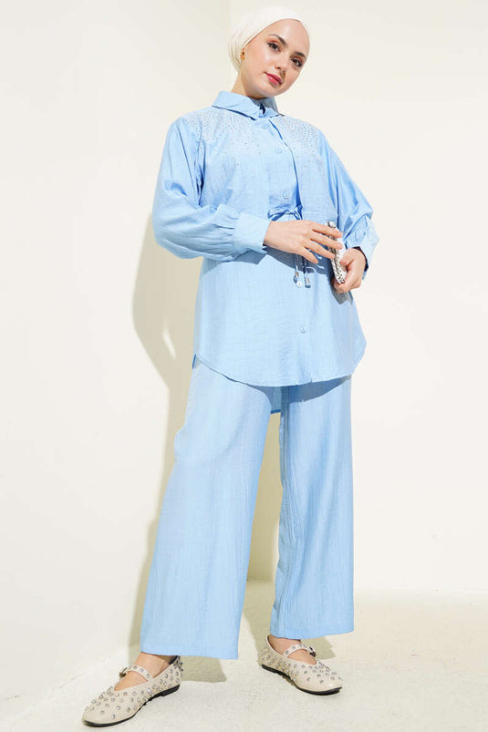 Taşlı Pelerinli İkili Takım Mavi