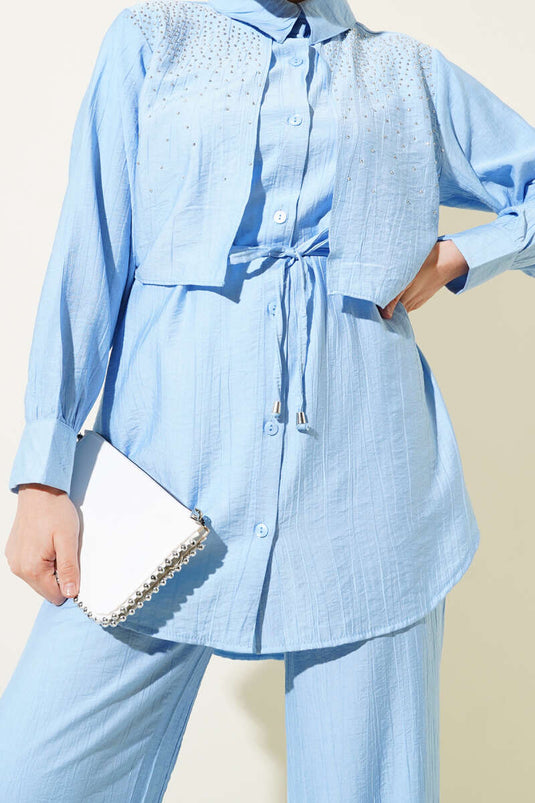 Taşlı Pelerinli İkili Takım Mavi