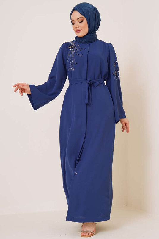 Abaya Boutonnée Décorée De Paillettes Stoned Indigo