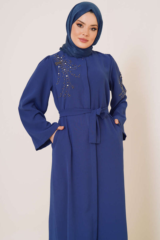 Abaya Boutonnée Décorée De Paillettes Stoned Indigo