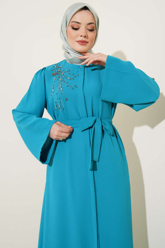 Abaya Boutonnée Décorée De Paillettes Stoned Menthe