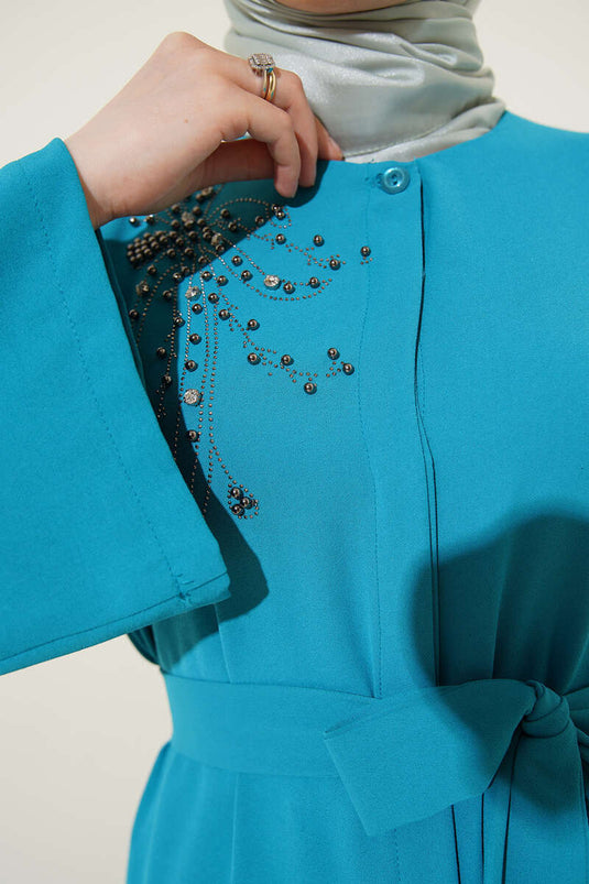 Abaya Boutonnée Décorée De Paillettes Stoned Menthe