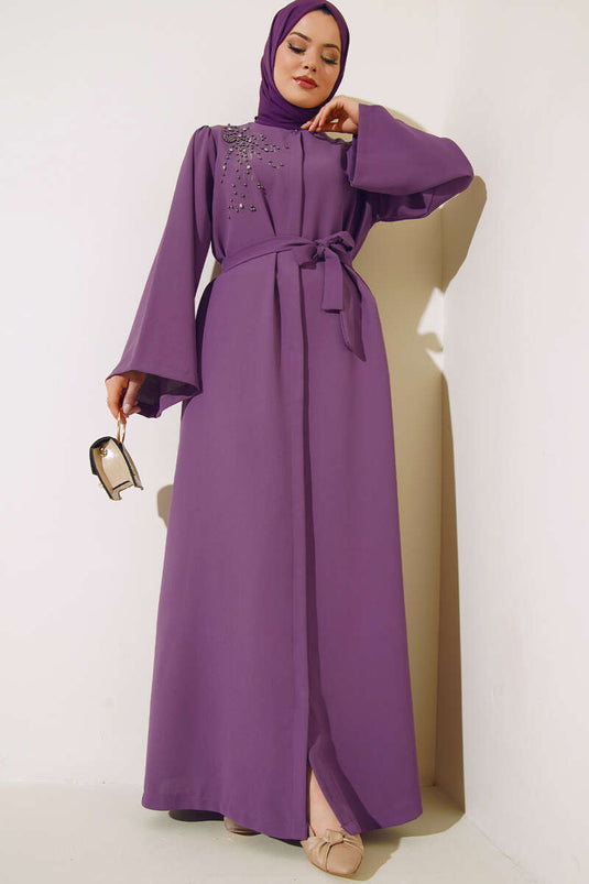 Abaya boutonnée à paillettes et pierre violette