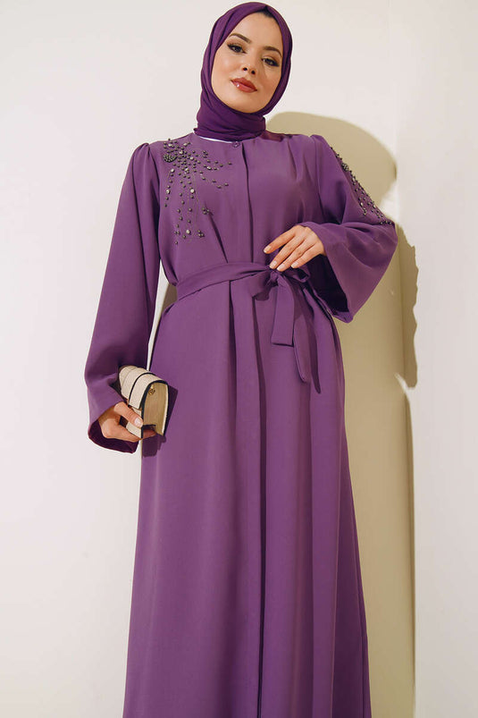 Abaya boutonnée à paillettes et pierre violette