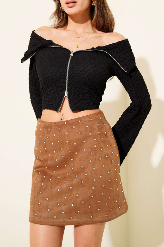 Stone Embellished Suede Mini Skirt in Tan