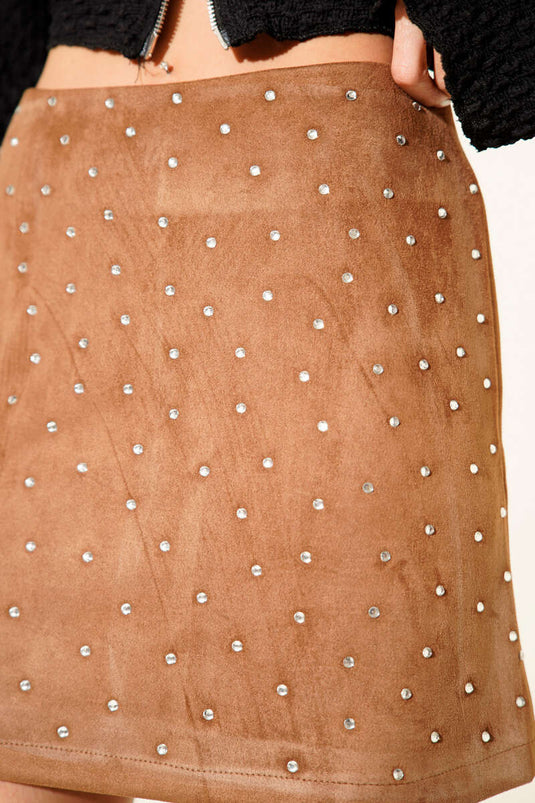 Stone Embellished Suede Mini Skirt in Tan