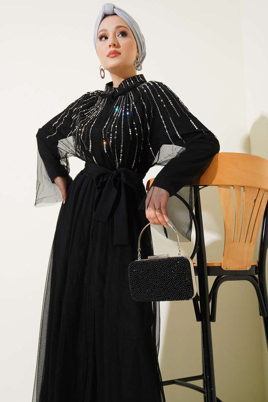 Stoned Tulle Cape Abaya Black