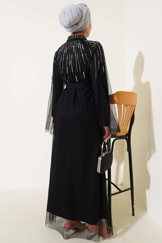 Stoned Tulle Cape Abaya Black