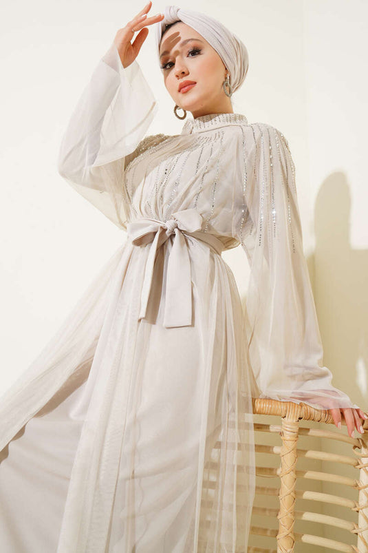 Stone Tulle Cape Abaya Stone