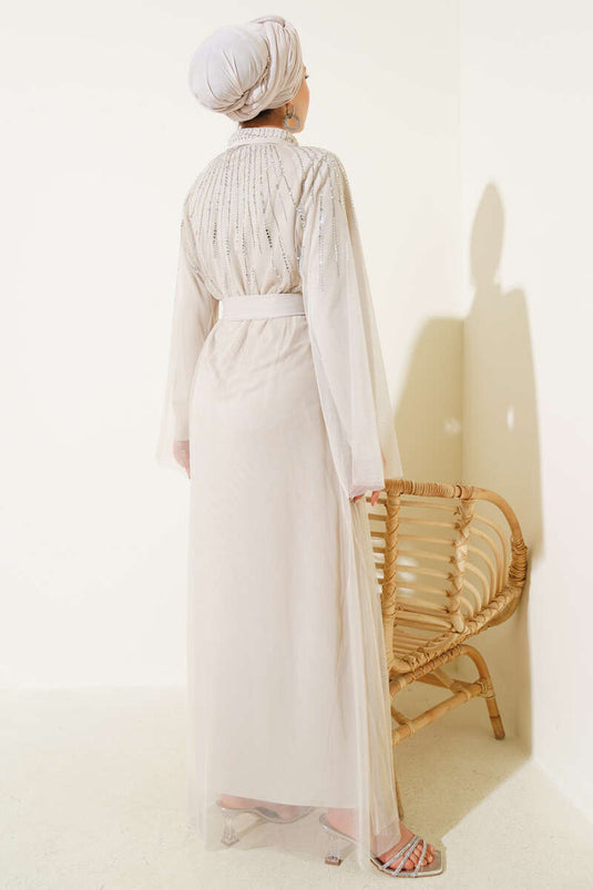 Stone Tulle Cape Abaya Stone