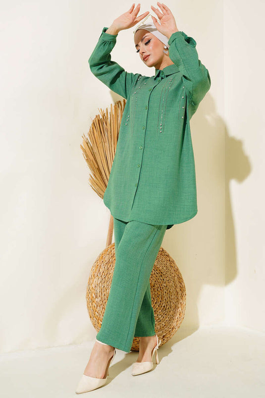 Costume Double En Lin Lapidé Et Pailleté Vert
