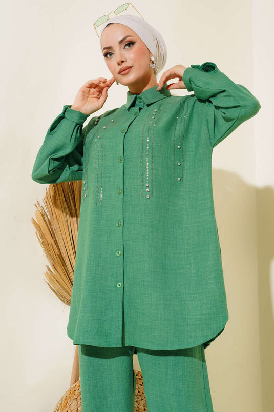 Costume Double En Lin Lapidé Et Pailleté Vert