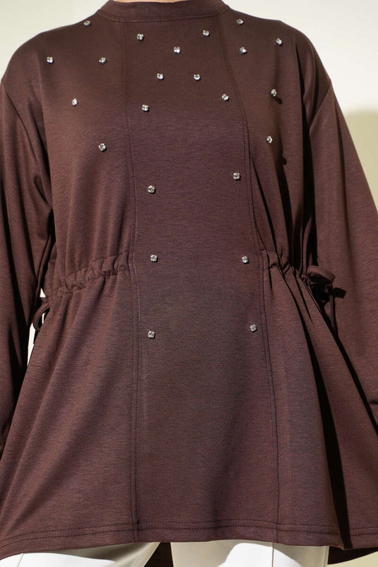 Stone-Embellished Side-Tied Loyşa Tunic Brown