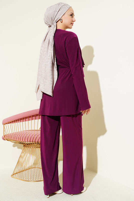 Ensemble Deux Pièces avec Fente Latérale et Strass, Couleur Mûre