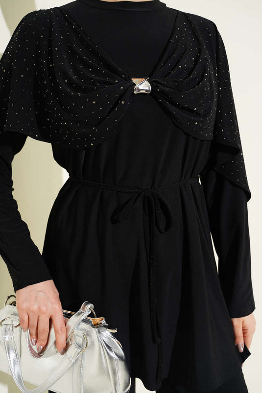 Ensemble Deux Pièces Noir avec Fente Latérale et Strass
