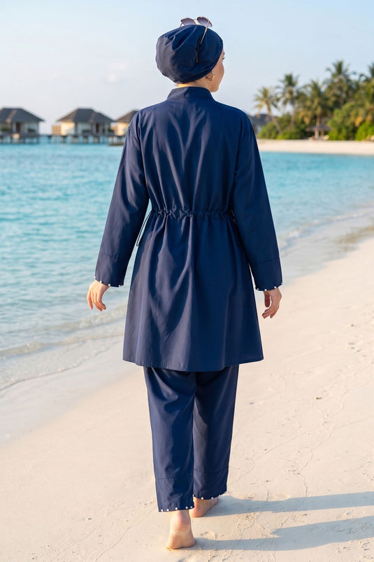 Maillot de bain trois pièces pour hijab avec demi-fermeture éclair et pierres, bleu marine