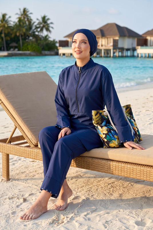 Maillot de bain trois pièces pour hijab avec demi-fermeture éclair et pierres, bleu marine