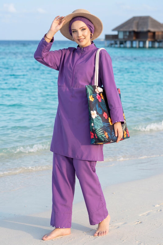 Maillot de bain trois pièces modeste avec demi-fermeture éclair et pierres, violet