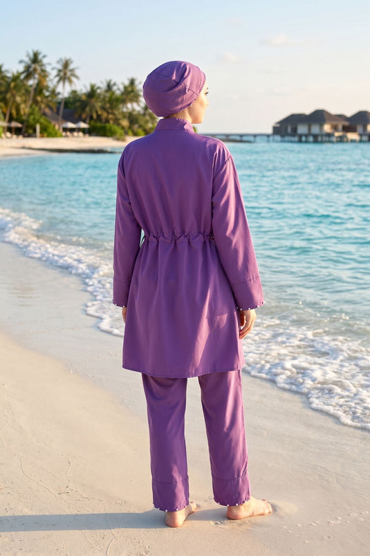 Maillot de bain trois pièces modeste avec demi-fermeture éclair et pierres, violet