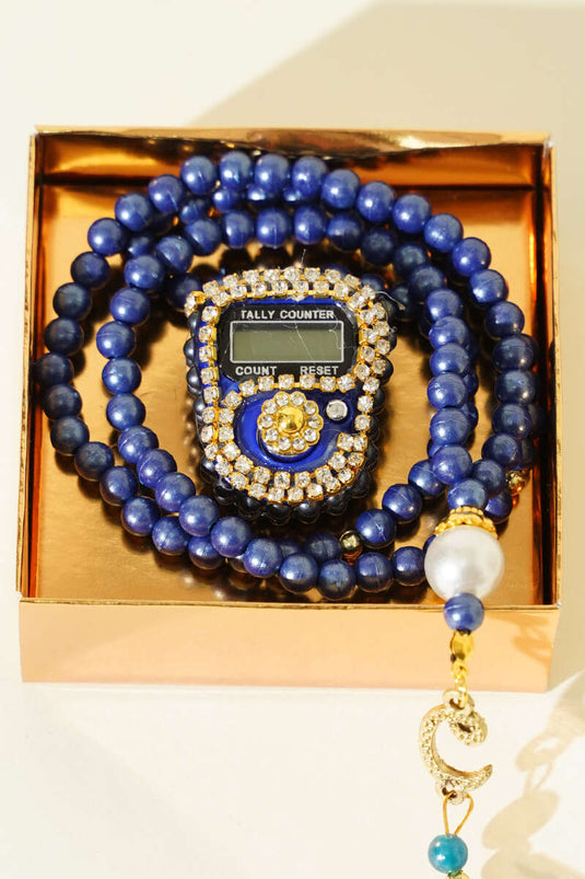 Ensemble de chapelet à perles et compteur de prières orné de pierres, bleu marine