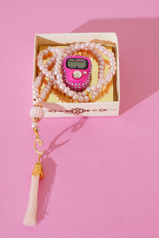 Stein-Zikirmatik- und Perlen-Gebetsperlen-Set Rosa