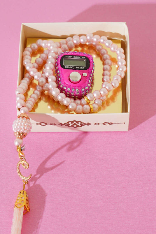 Stein-Zikirmatik- und Perlen-Gebetsperlen-Set Rosa