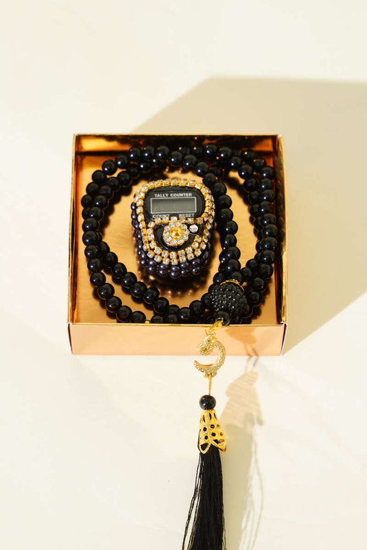 Stein-Zikirmatik- und Perlen-Gebetsperlen-Set Schwarz