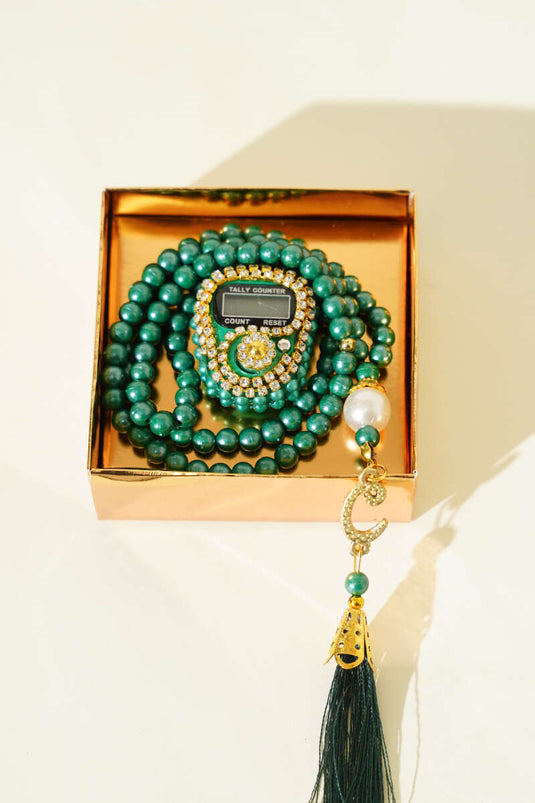 Stein-Zikirmatik- und Perlen-Gebetsperlen-Set Grün