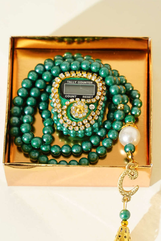 Stein-Zikirmatik- und Perlen-Gebetsperlen-Set Grün