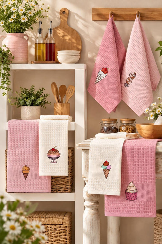 Baskılı Altılı Mutfak Havlusu Pembe